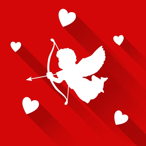 Valentinskarte mit Silhouette von Engel Amor, Herzen, Vektorsymbol — Stockvektor