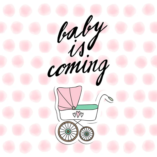 Invito baby shower, biglietto di compleanno con carrozzina e punti acquerello, vecto — Vettoriale Stock