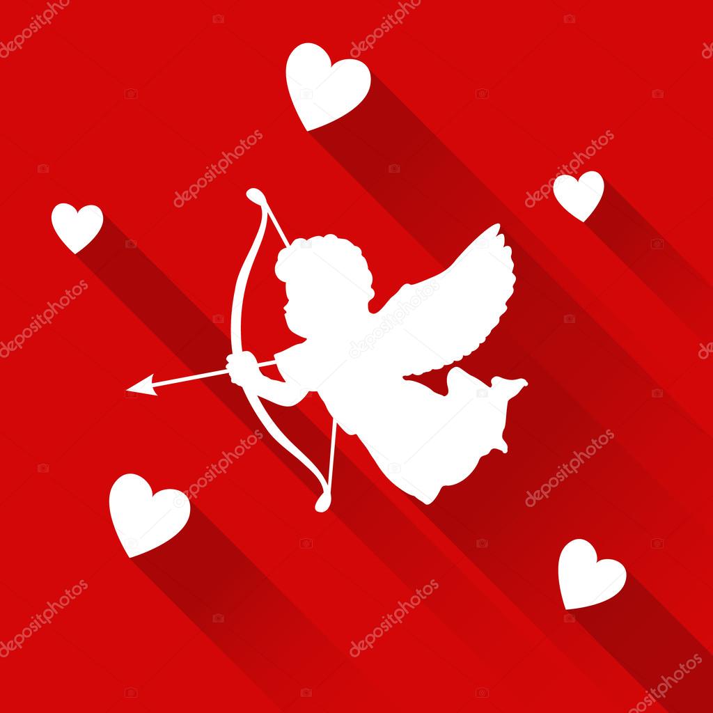 Valentine card with silhouette of angel cupid, hearts, vector icon