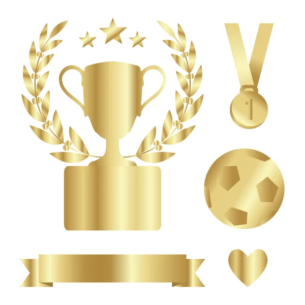 Glanzende gouden trofee cup, medaille, laurel, award set, geïsoleerd vectoren — Stockvector