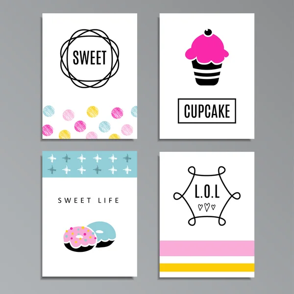 Conjunto de tarjetas de felicitación o de diario con cupcakes y rosquillas — Archivo Imágenes Vectoriales