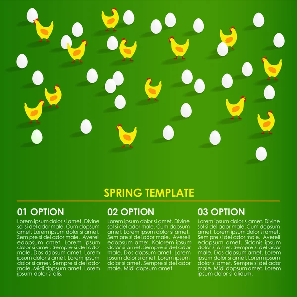 Primavera Páscoa fundo infográficos, cartão com galinhas, ovos — Vetor de Stock