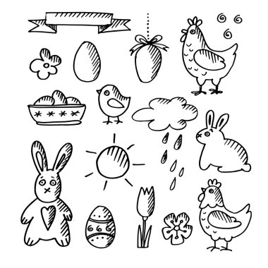 Bahar ayarla Paskalya doodle skeçler, simgeler, izole vektör