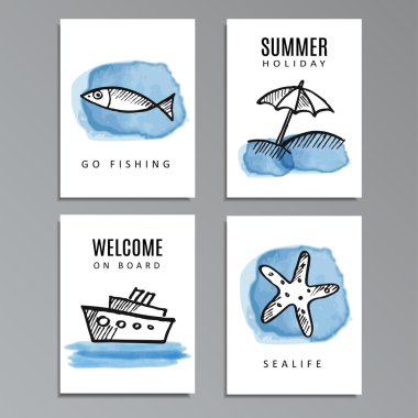 Elle çizilmiş karalamalar, skeçler yaz kartlarla kümesi