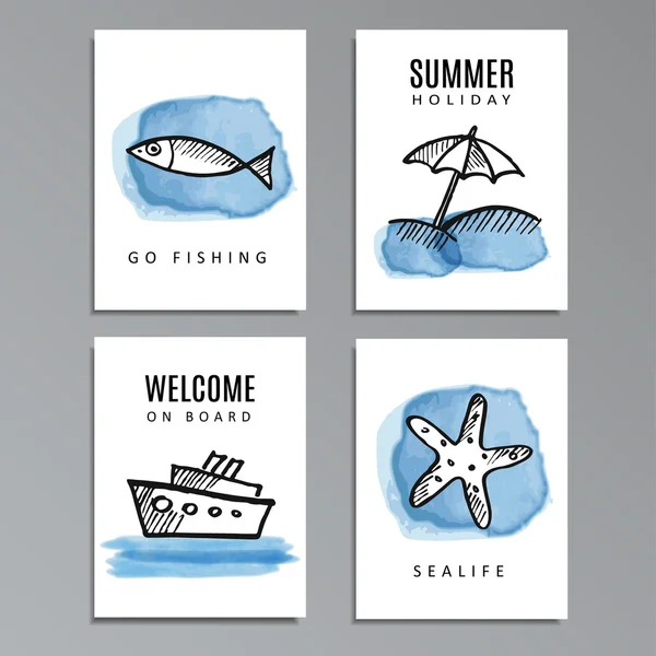 Set van de zomer kaarten met hand getrokken doodles, schetsen — Stockvector