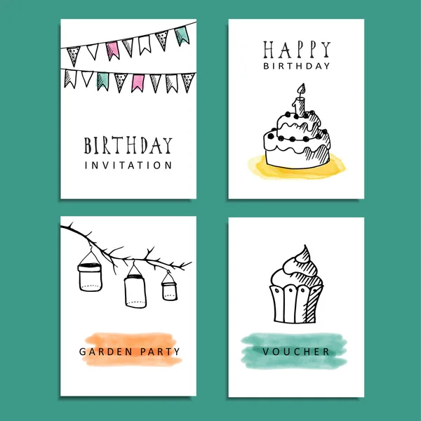 手描きの誕生日パーティー カード、ベクトルの招待状セット — ストックベクタ