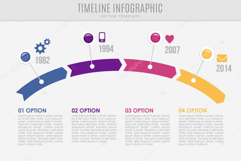 Timeline report template with buttons and icons, vector 