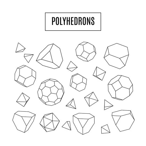 Set di poliedri 3d, icone moderne della linea hipster, cristalli — Vettoriale Stock