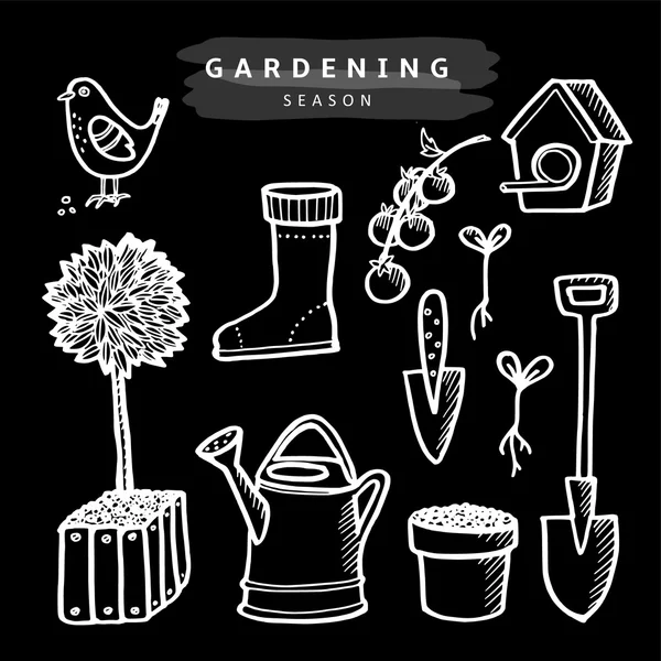 Set of chalk gardening doodle sketches, isolated vector objects — Stock Vector