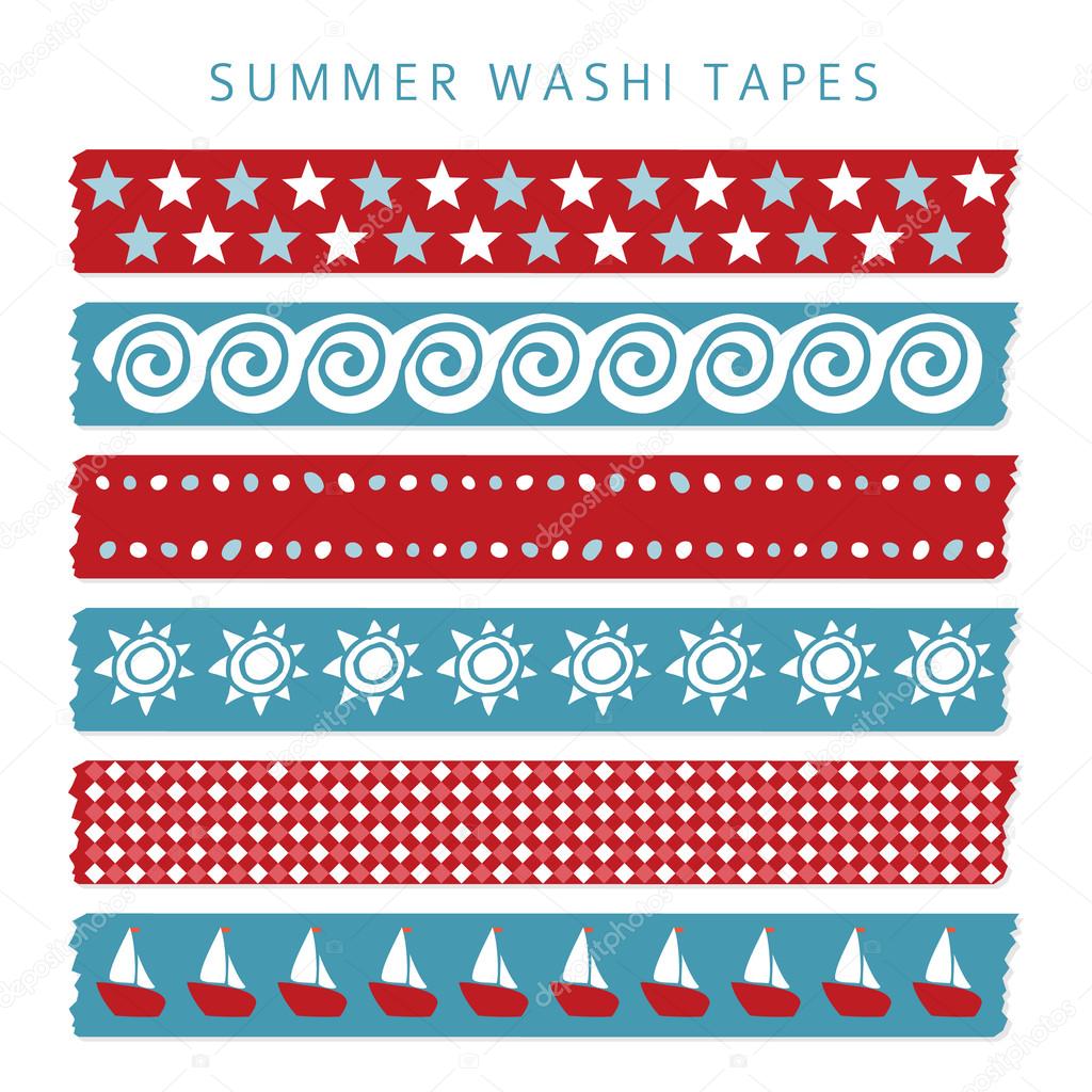 Set of summer sea washi tapes, ribbons, vector elements, patterns