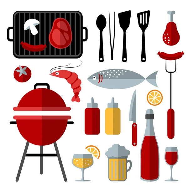 Conjunto de barbacoa alimentos y utensilios elementos, diseño plano, vector — Vector de stock