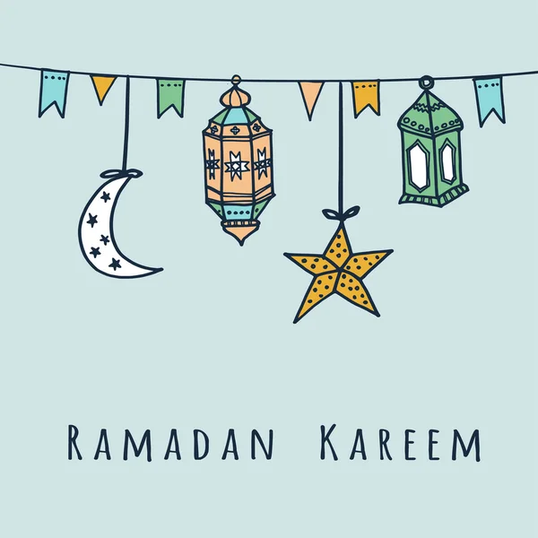 Lanternas árabes, bandeiras, lua e estrelas, ilustração vetorial do Ramadão —  Vetores de Stock