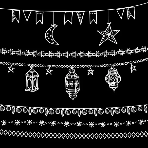 Set of doodle chalk garlands, moon, stars, flags, arabic lanterns — Stock Vector