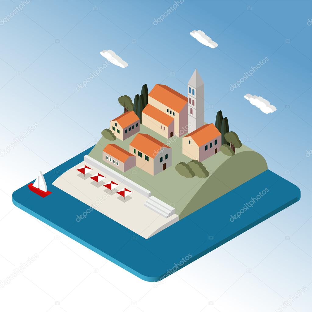 Isometric mediterranean landscape by sea, little town, vector