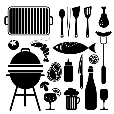 Barbekü yemek ve mutfak eşyaları siyah simgeler, izole vektör kümesi 