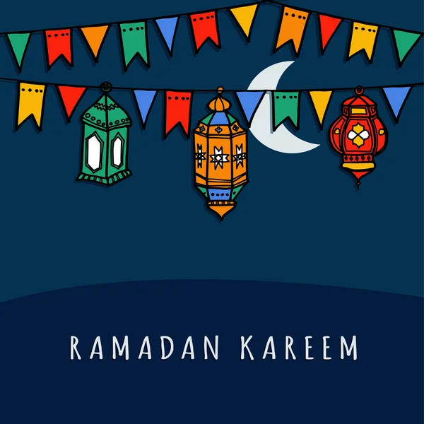手描き装飾的な旗、ラマダン ベクトルとアラビア語の提灯 — ストックベクタ