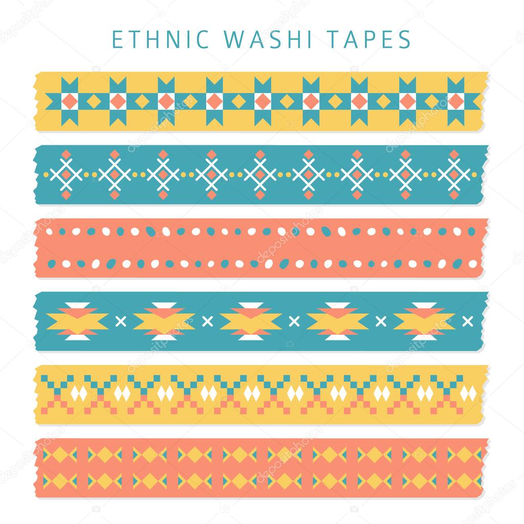 Set of washi tapes with trendy Aztec, Mexican or Navajo patterns, ethnic vector