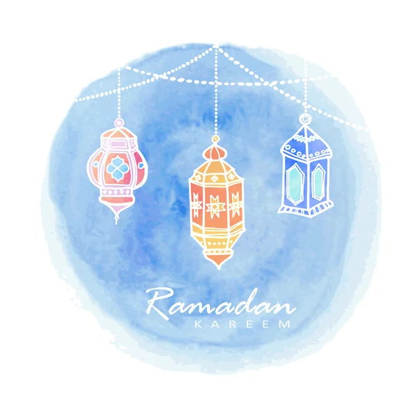 Lanternes arabes dessinées à la main, fond aquarelle, vecteur Ramadan — Image vectorielle