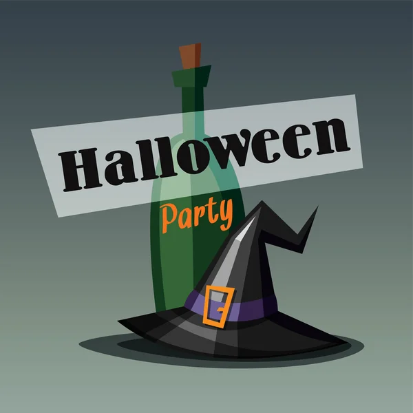 Retro halloween party pozvánka, karta s witch hat a víno láhev — Stockový vektor