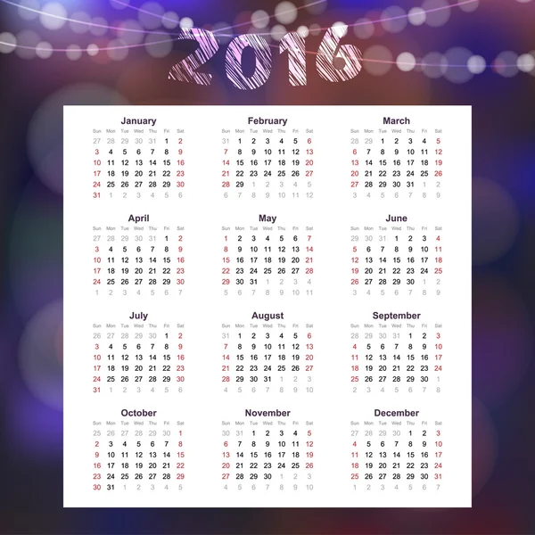 Calendar 2016 with garland of glittering lights, vector — Stock Vector