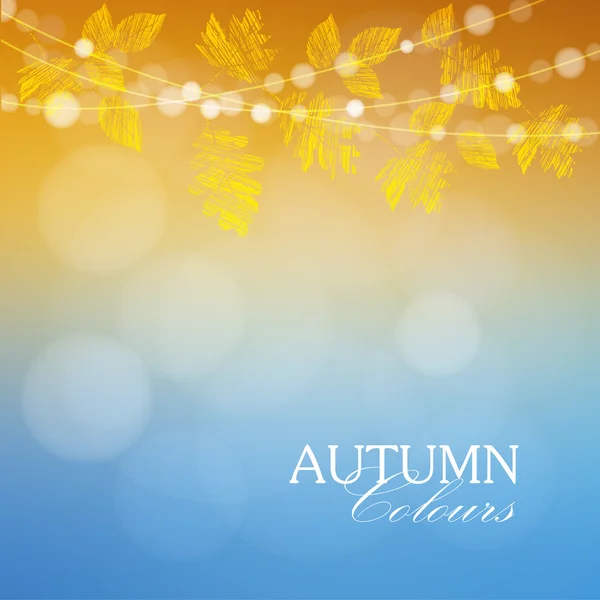 Outono, outono fundo com bordo e carvalho folhas e luzes, vetor —  Vetores de Stock