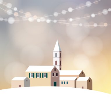 Christmas greeting card with winter landscape, church, little village