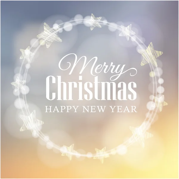 Christmas greeting card with glittering bokeh lights wreath, stars, vector — 图库矢量图片