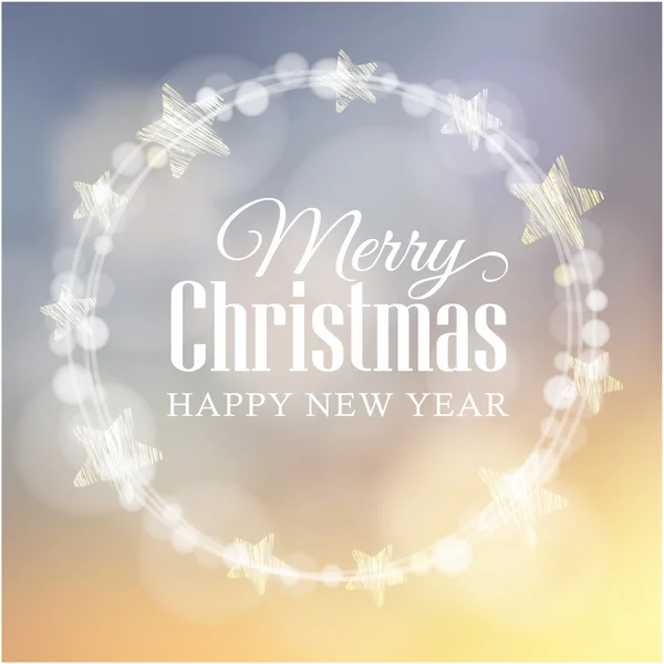 Christmas greeting card with glittering bokeh lights wreath, stars, vector — Διανυσματικό Αρχείο