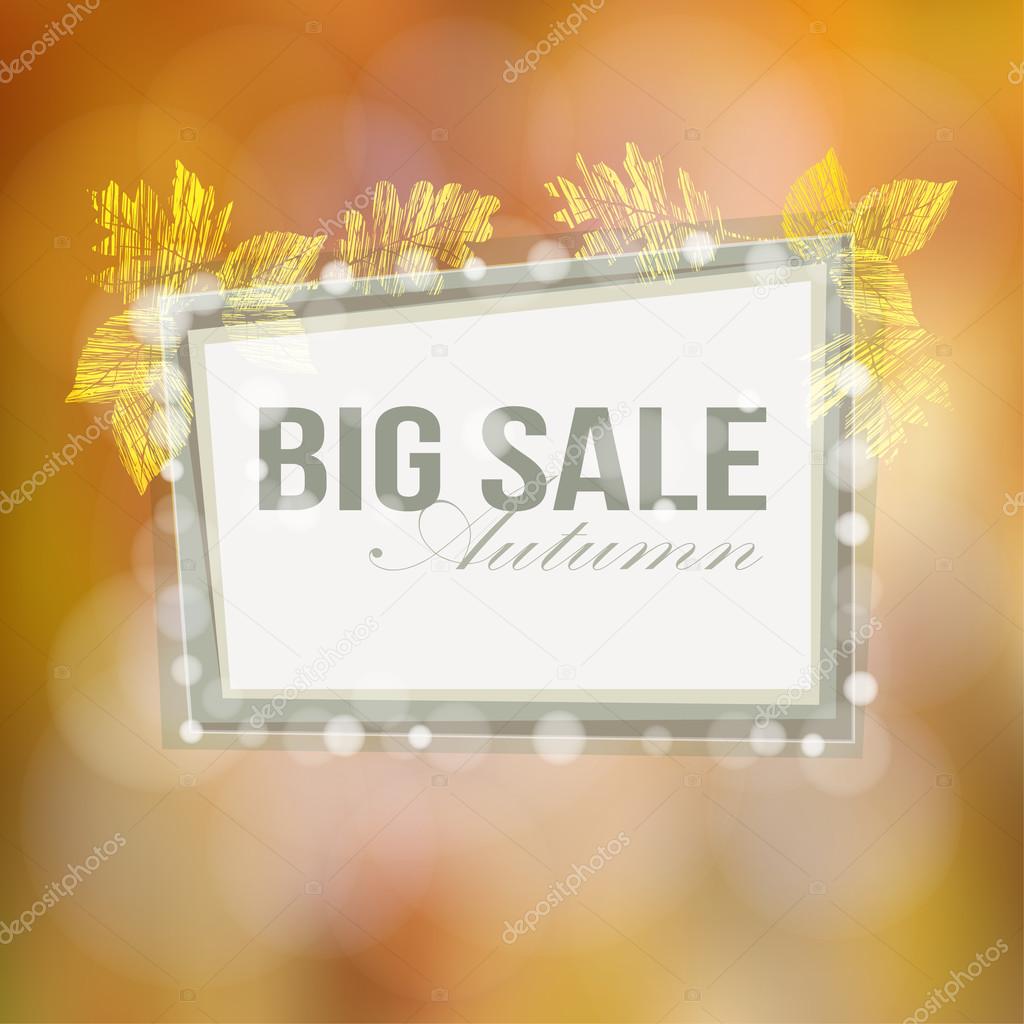 Autumn, fall big sale poster with blurred background gold leaves and lights