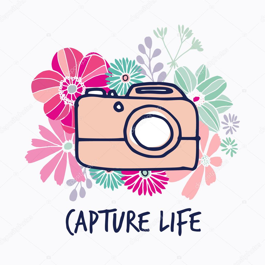 Download Floral vintage print with camera and various hand drawn flowers, vector — Stock Vector ...