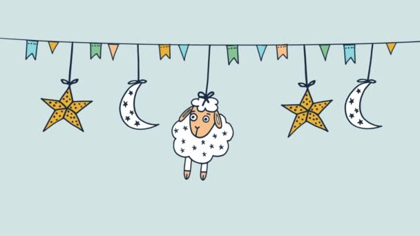 Ид-уль-адха фон с нарисованной вручную качающейся овчиной, луной, звездами и флагами, безморским пером, флэш-2D анимацией — стоковое видео