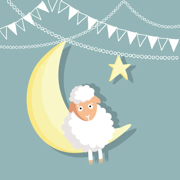 Eid-ul-adha greeting card with sheep, moon, star and flags — Stock Vector