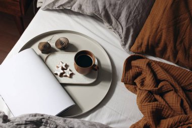 Noel arifesi. Kahve fincanı ve zencefilli kurabiye ile sıcak bir sabah. Açık kitap, dergi modeli. Battaniye, yastıklar. Kış havası, dinlendirici tatil evi sahnesi, İskandinav manzarası