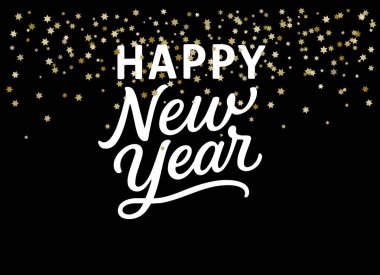 Düşen altın yıldızlı yeni yıl tipografisi, siyah arkaplandaki karmaşa, Zarif Tatil Harfleri Tasarımı. Kutlama, Yeni Yıl Partisi Davetiyesi. Tebrik Kartı, Poster, Sancak