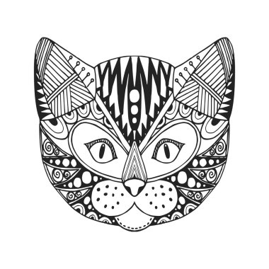 Kedi, trendy etnik zentangle tasarım, elle çizilmiş, vektör süs başkanı