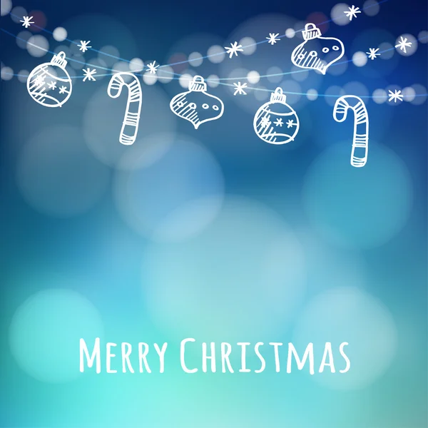 Χριστούγεννα ευχετήρια κάρτα με φώτα, χέρι που Χριστούγεννα μπάλες, καλάμια καραμέλα, πρωταγωνιστεί — Διανυσματικό Αρχείο