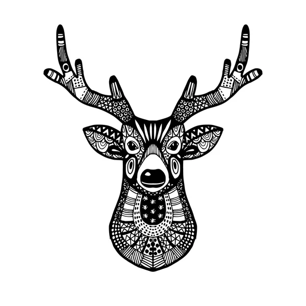 Tête de cerf ornementale, motif zentangle ethnique tendance, dessin à la main, vecteur isolé — Image vectorielle