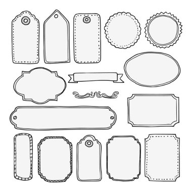 Set of hand drawn blank vintage frames, tags, labels, isolated vector clipart