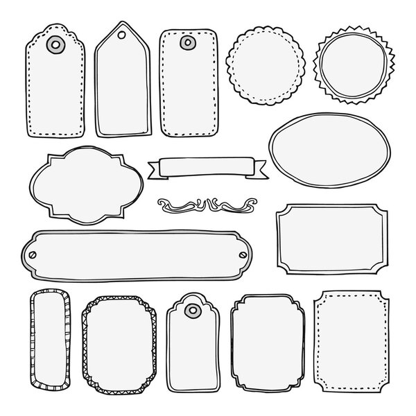Set of hand drawn blank vintage frames, tags, labels, isolated vector