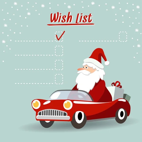 Χαριτωμένο Χριστούγεννα ευχετήρια κάρτα, λίστα επιθυμιών με τον Άγιο Βασίλη, ρετρό σπορ αυτοκίνητο, το διάνυσμα — Διανυσματικό Αρχείο