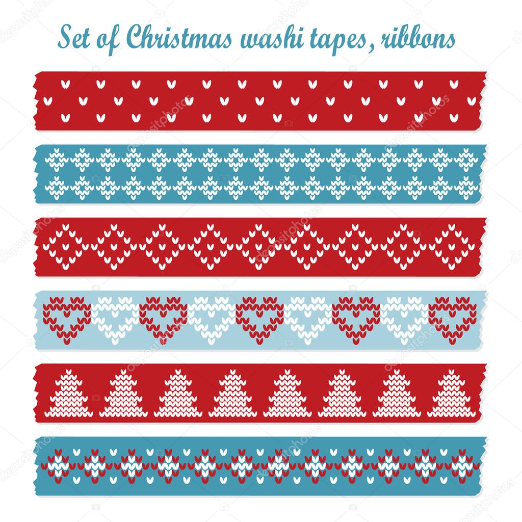 Set of vintage christmas washi tapes, ribbons, vector patterns