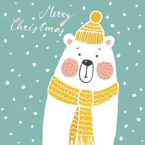 Carino biglietto di auguri natalizio, invito, con orso polare disegnato a mano, vettore — Vettoriale Stock