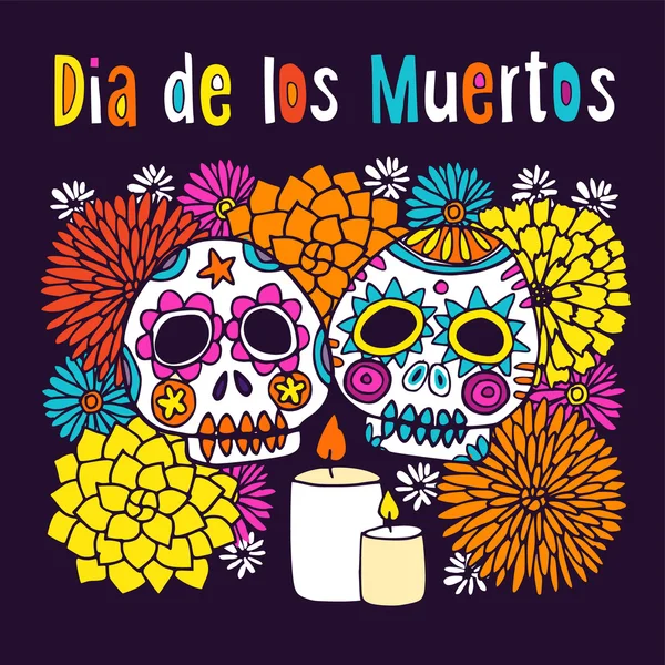 Dia de los Muertos or Halloween greeting card, invitation, with hand drawn ornamental sculls — Stock Vector