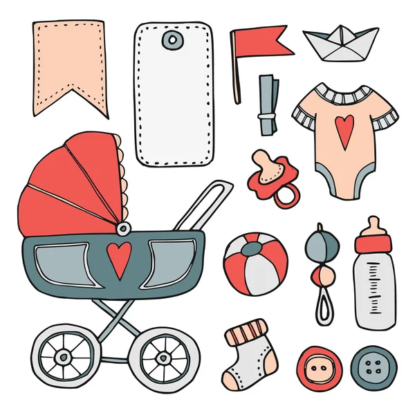 Bebek duş elle çizilmiş scrapbooking elemanları, izole vektörel çizimler