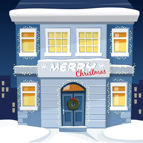 Tarjeta de felicitación navideña con casa antigua iluminada y paisaje urbano nevado, vector — Vector de stock
