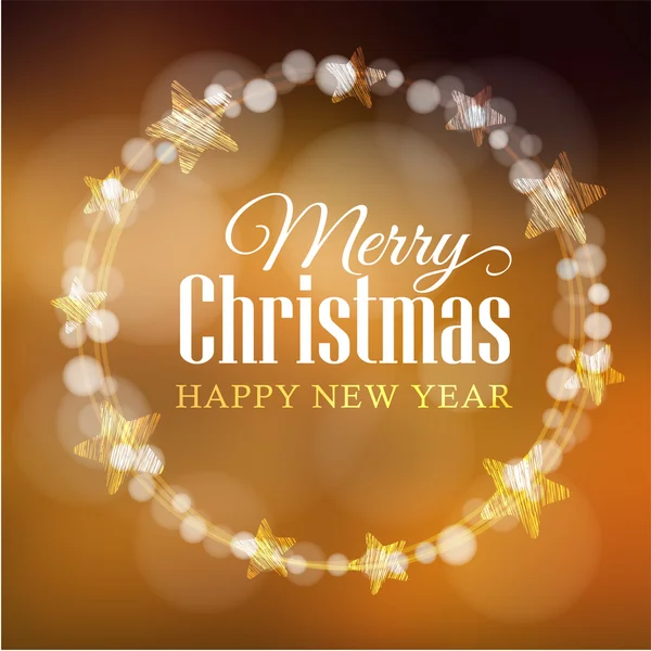 Kartkę z życzeniami Boże Narodzenie wieniec światła bokeh i gwiazdach, wektor — Wektor stockowy