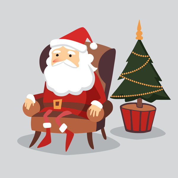 Cute  christmas greeting card with Santa Claus sitting in armchair and christmas tree, vector