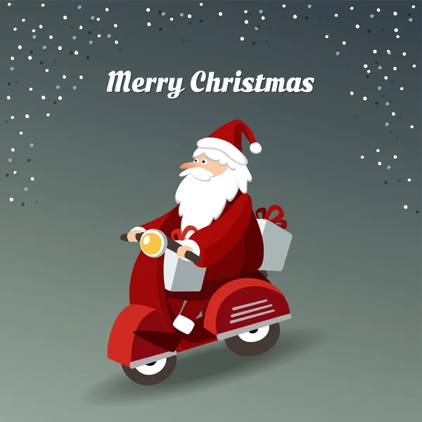 귀여운 크리스마스 인사말 빨간 스쿠터를 운전 하는 산타 클로스 카드 및 벡터, 선물 제공 — 스톡 벡터
