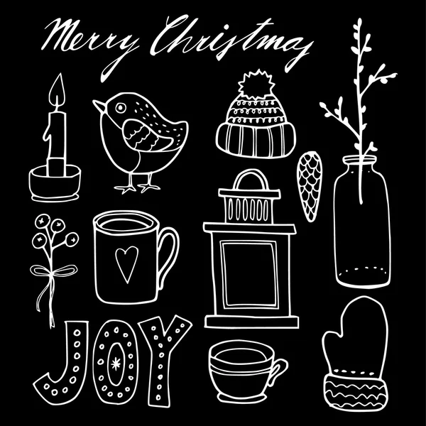 Set of cute chalk christmas hand drawn graphic elements, isolated vector objects — Stock Vector
