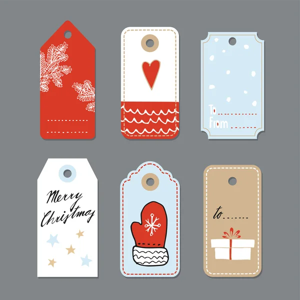 Set of cute christmas gift tags, labels, hand drawn illustrations, vectors — Stock Vector